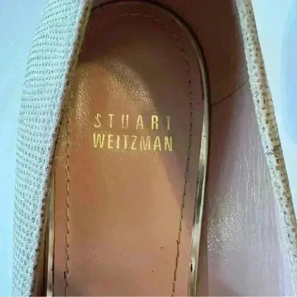 Stuart Weitzman Wedge Heel Dress Flat, Cream Textured Leather with Pearled Heel - Picture 9 of 11